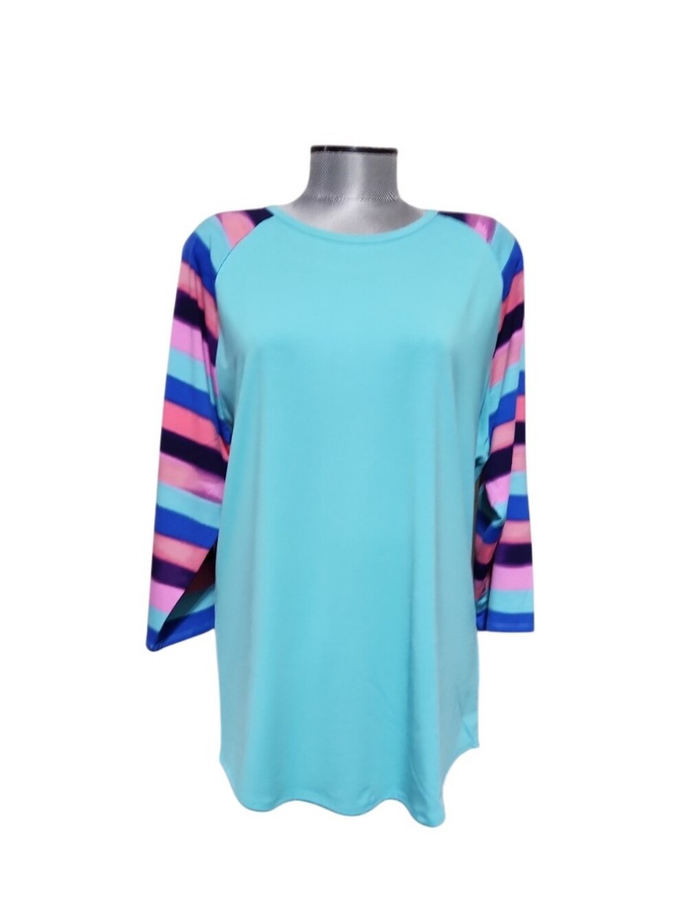 LuLaRoe Randy T-Shirt Colorful Raglan Sleeves Solid Aqua Body (2XL)